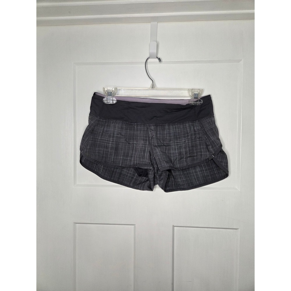 Lululemon Speed Up Running Shorts Black Grey Grid Plaid‎ Size 4 Zipper Pocket